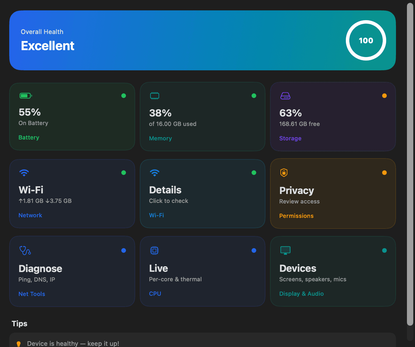 Home dashboard showing overall health score and metric cards