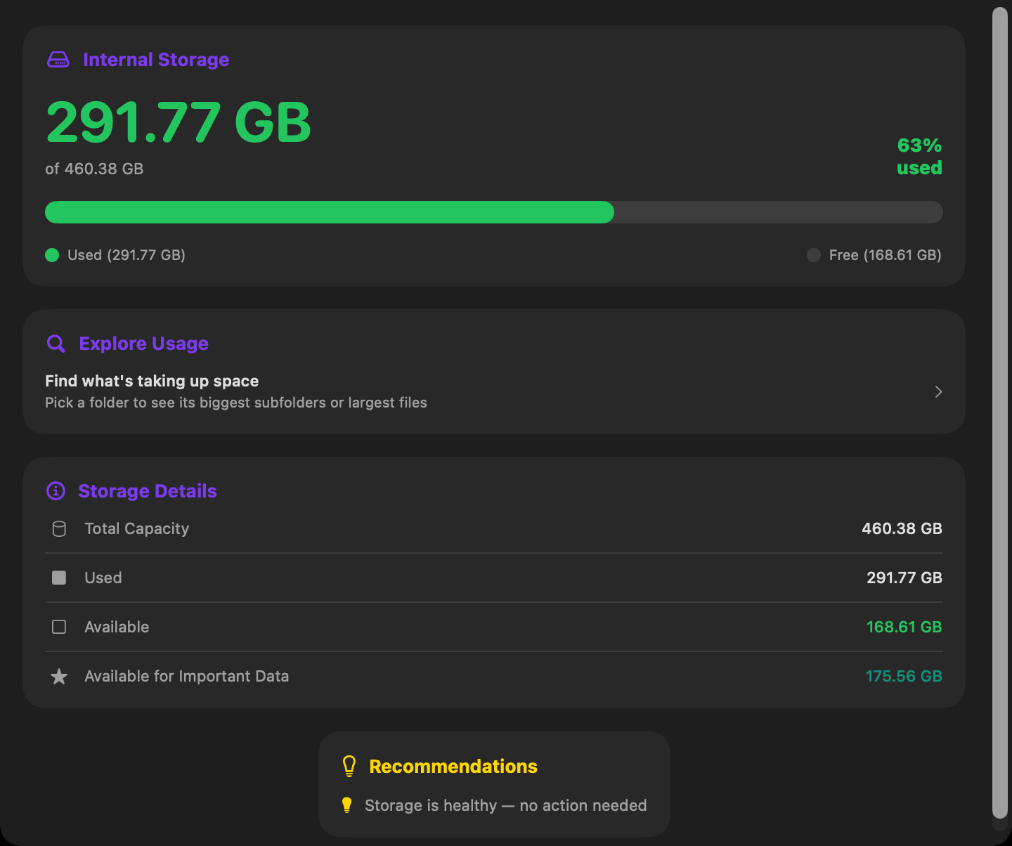 Storage screen showing capacity usage and details