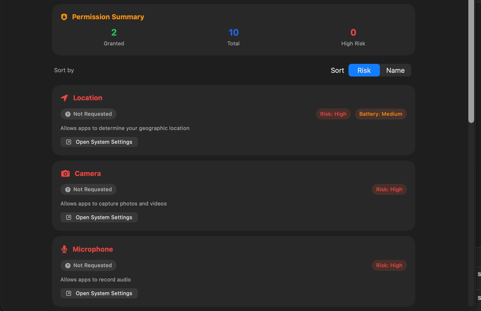 Permissions screen showing granted/total/high-risk summary and a risk-sorted list of privacy permissions